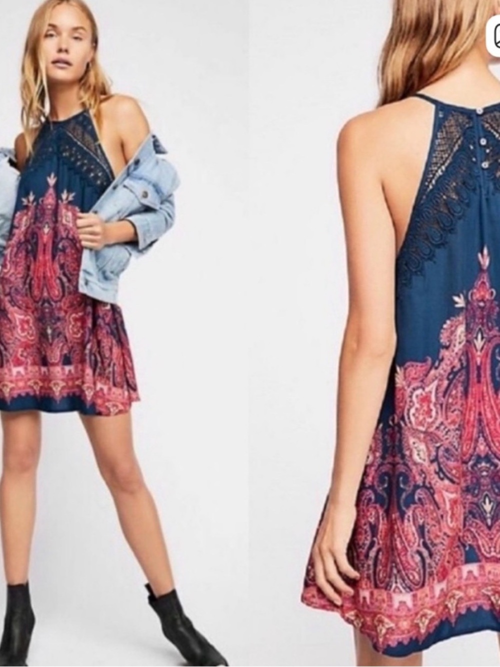Free People Navy Shea Printed Crochet Halter Mini dress